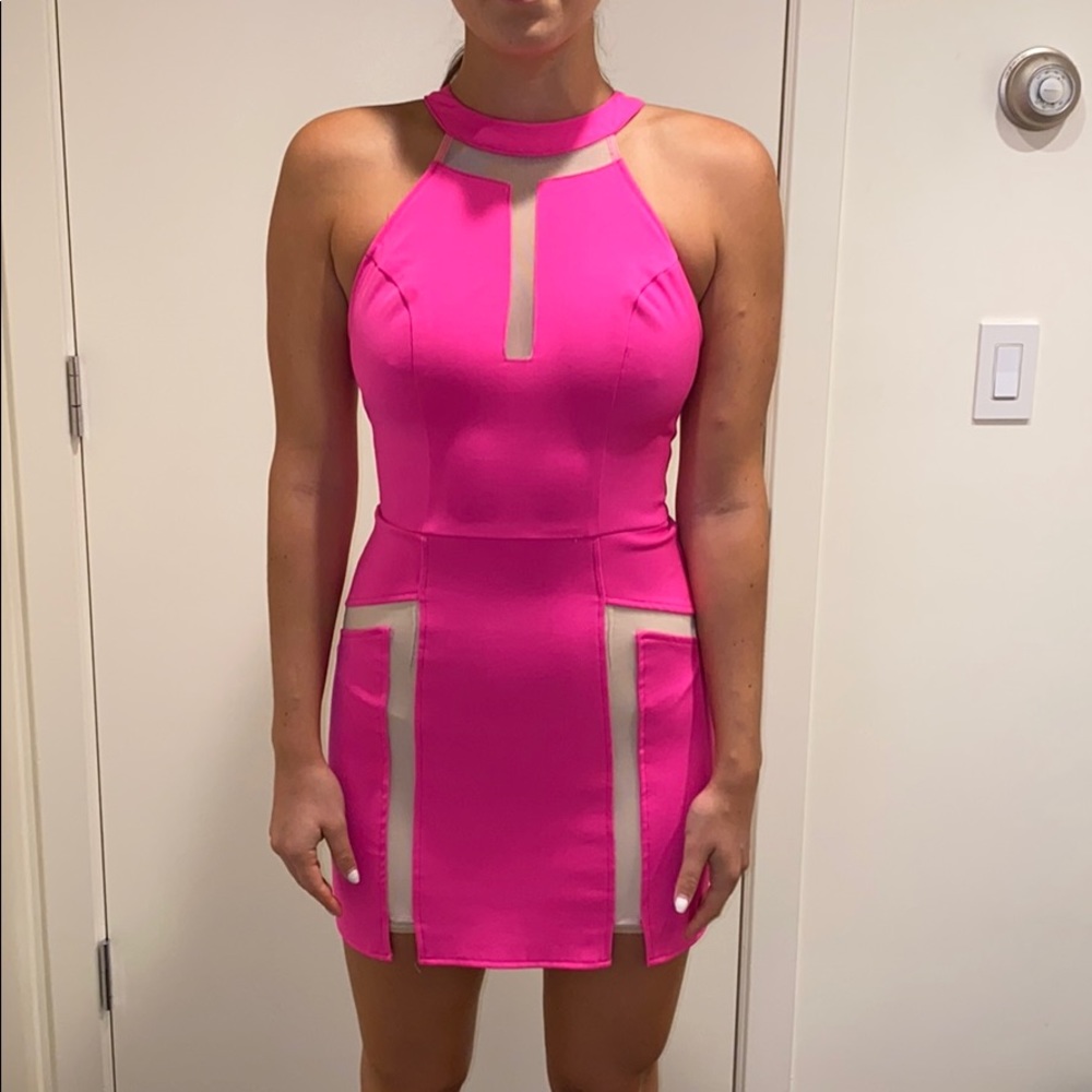 Hot pink mesh detail mini dress